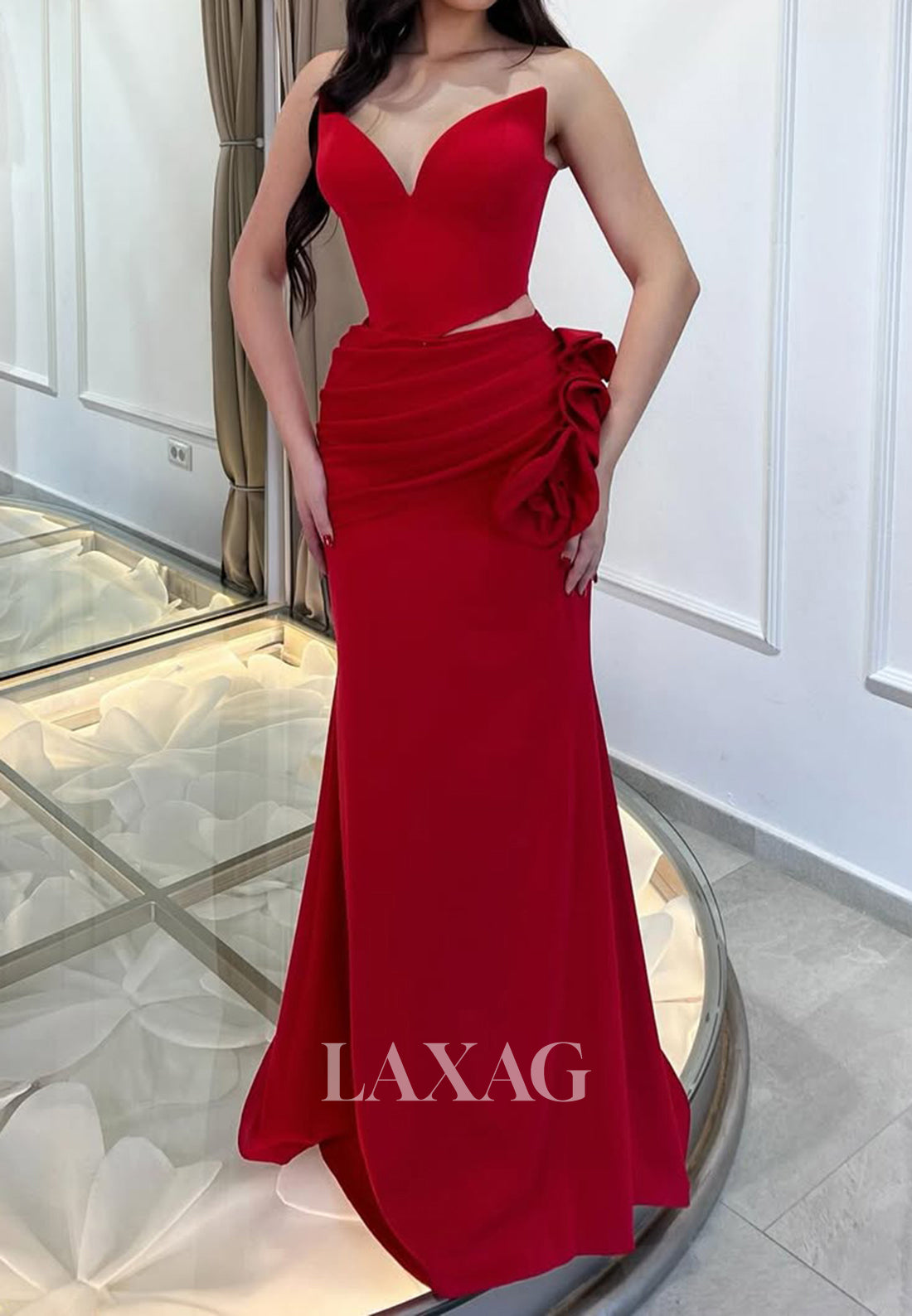 V-Neck Off-Shoulder Sleeveless Formal Gowns Pleated Floor-Length Satin Fitted Prom Dress