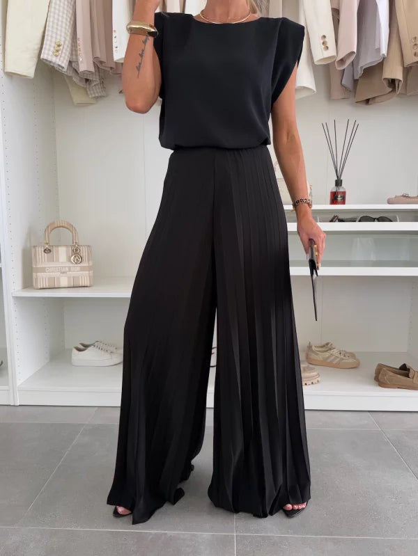 Sleeveless Shoulder Pad Top and Pleated Wide Leg Pants Two Piece Set