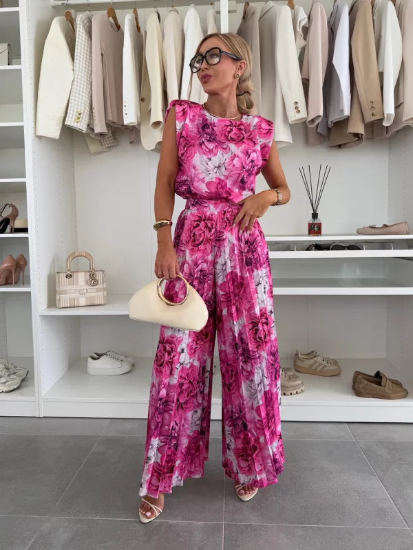 Sleeveless Shoulder Pad Top and Pleated Wide Leg Pants Two Piece Set
