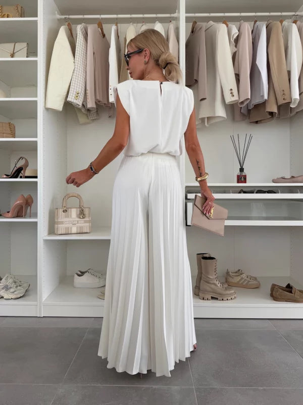 Sleeveless Shoulder Pad Top and Pleated Wide Leg Pants Two Piece Set