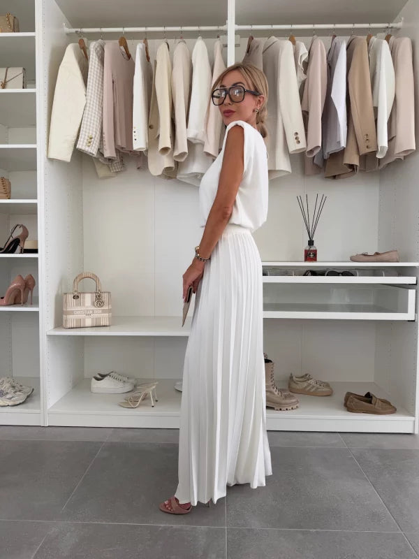 Sleeveless Shoulder Pad Top and Pleated Wide Leg Pants Two Piece Set
