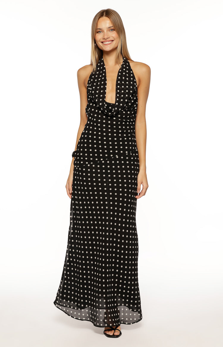 Polka Dot Halter Cowl Neck Bodycon Maxi Dress 2