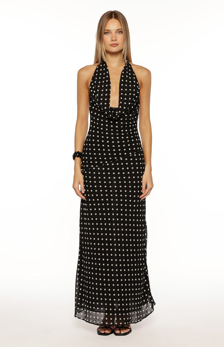 Polka Dot Halter Cowl Neck Bodycon Maxi Dress 5