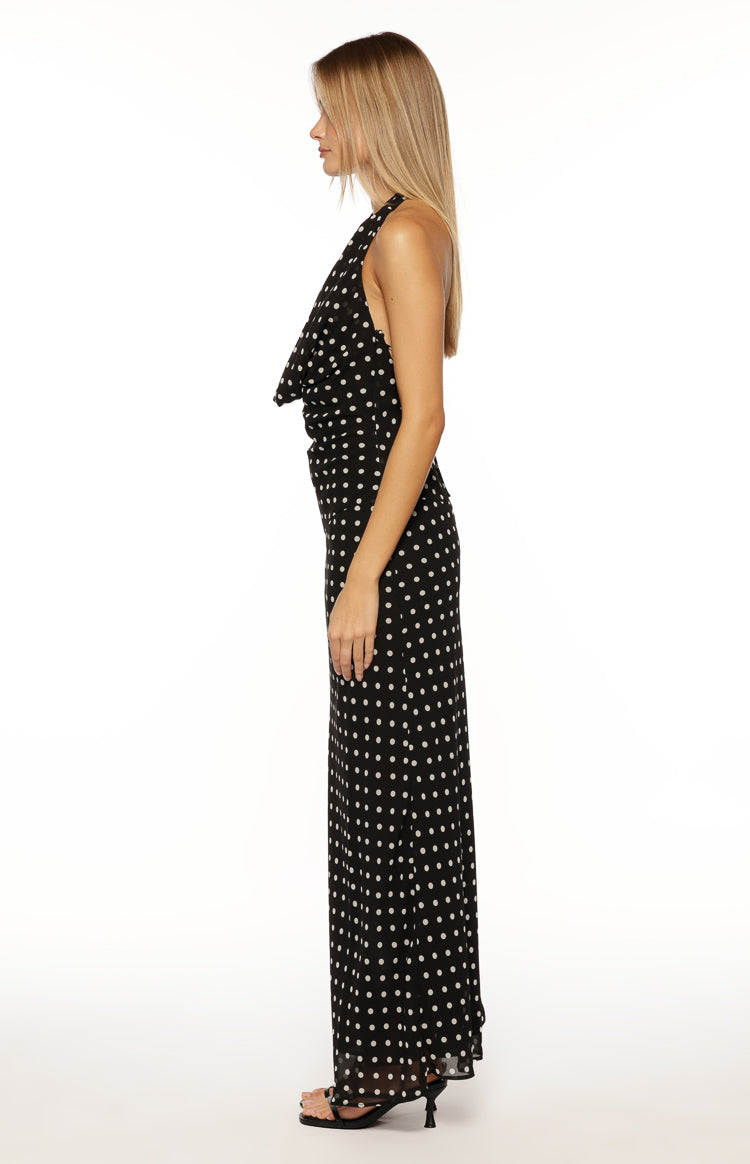 Polka Dot Halter Cowl Neck Bodycon Maxi Dress 6