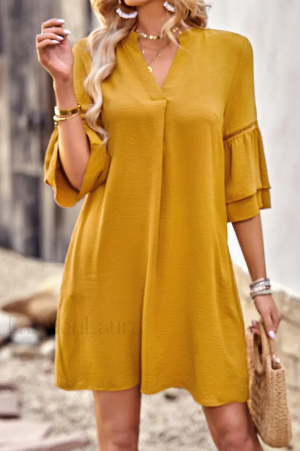 Notched Neck Flare Charming Sleeve Pocket Dress