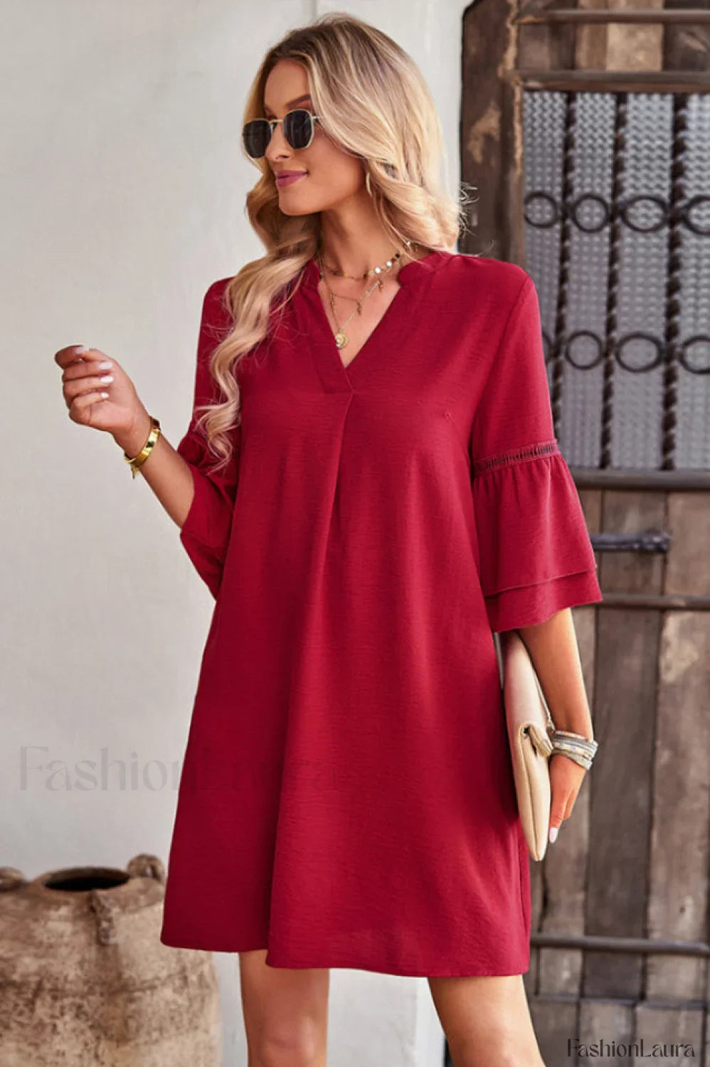 Notched Neck Flare Charming Sleeve Pocket Dress