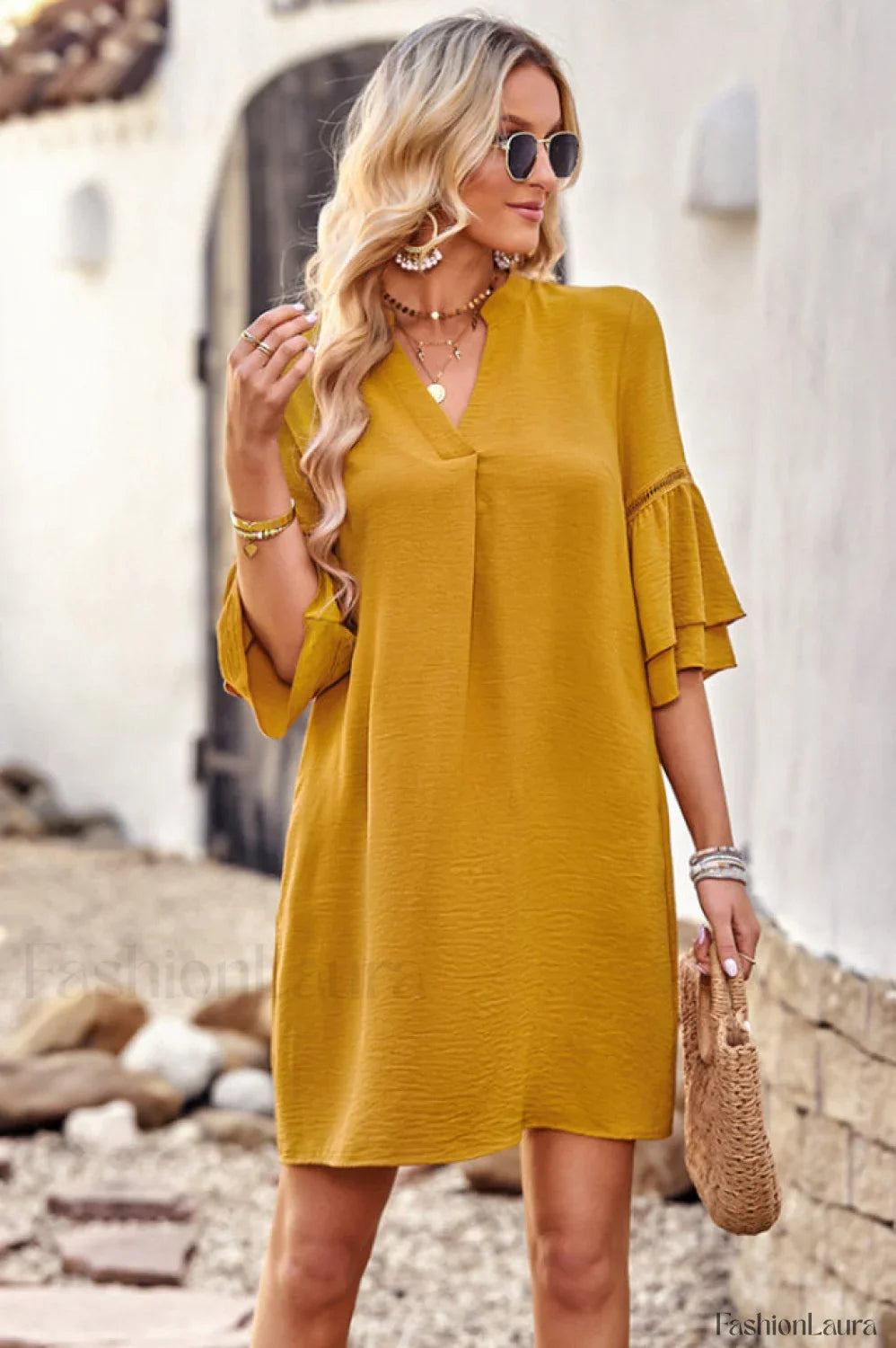 Notched Neck Flare Charming Sleeve Pocket Dress