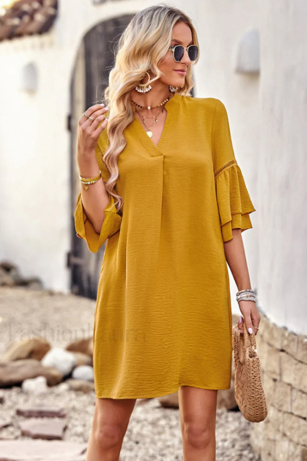 Notched Neck Flare Charming Sleeve Pocket Dress S / Yellow