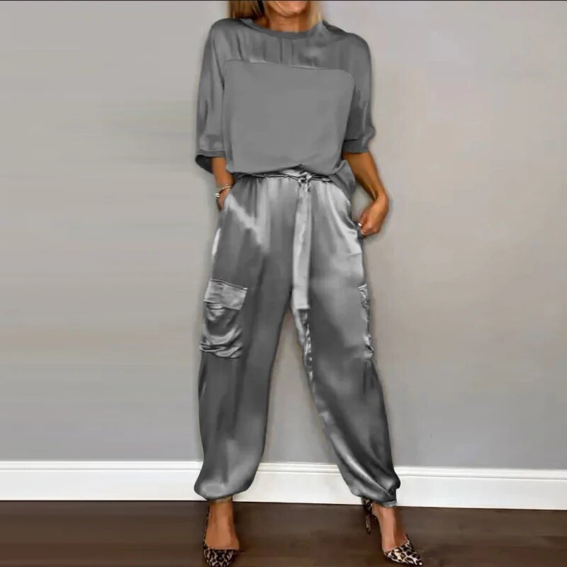 Satin Short Sleeve Top and Cargo Pants Two Piece Set