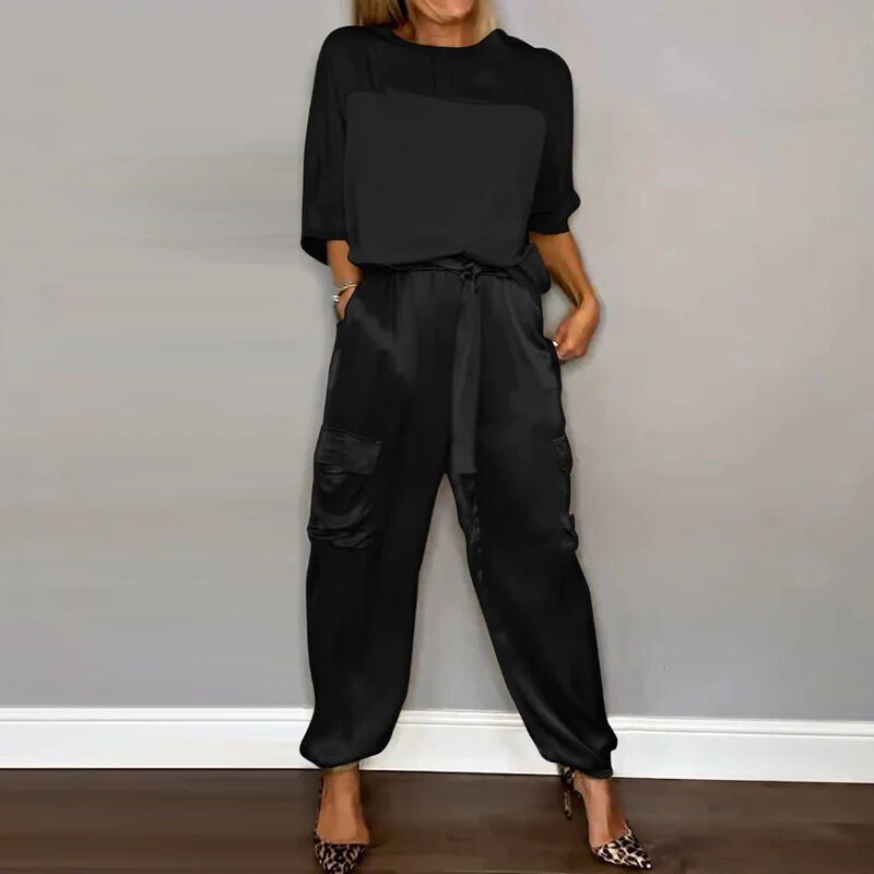 Satin Short Sleeve Top and Cargo Pants Two Piece Set