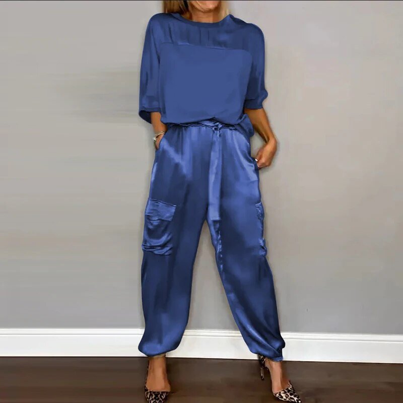 Satin Short Sleeve Top and Cargo Pants Two Piece Set