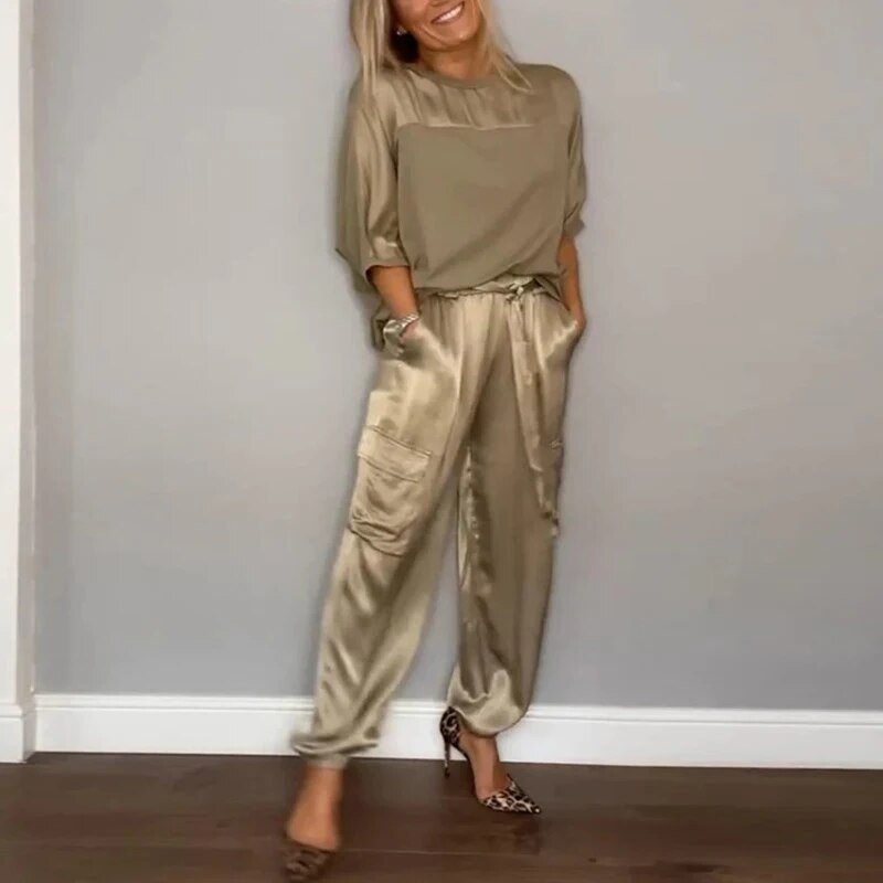 Satin Short Sleeve Top and Cargo Pants Two Piece Set