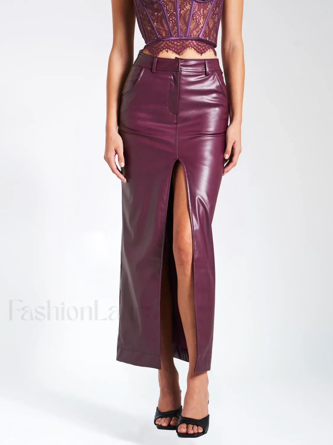 Noya Purple Front Charming Slit Vegan Leather Skirt
