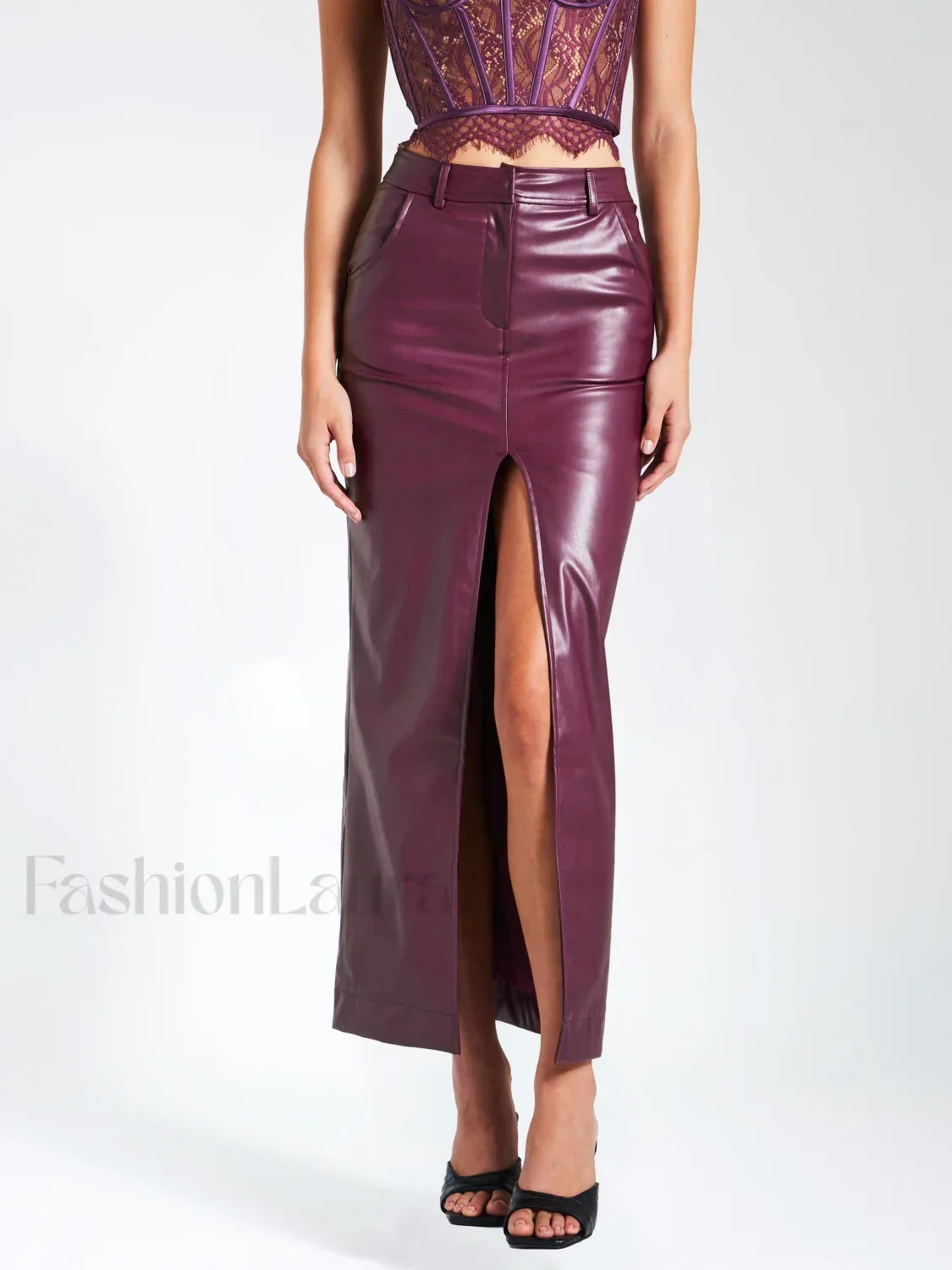 Noya Purple Front Charming Slit Vegan Leather Skirt S / US 4 6 Bottoms