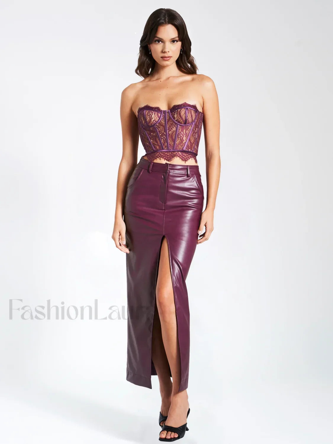 Noya Purple Front Charming Slit Vegan Leather Skirt XXS / US Bottoms