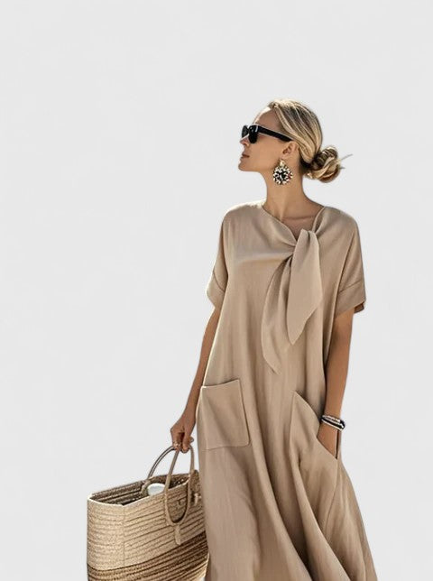 Tie Neck Short Sleeve Pocket Maxi Dress