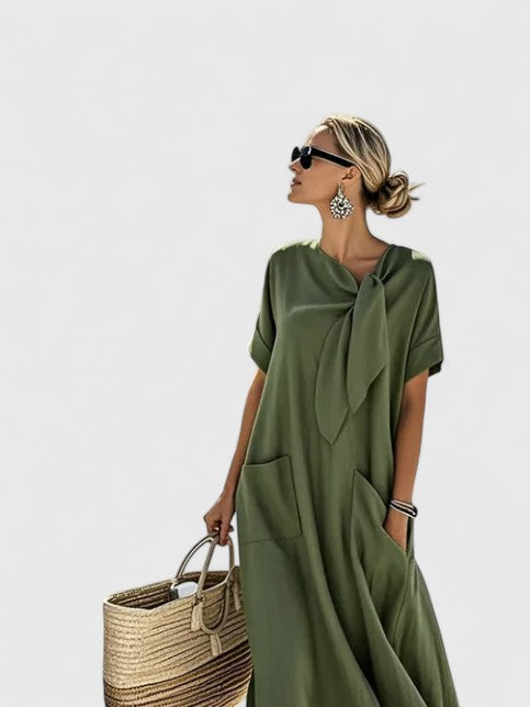 Tie Neck Short Sleeve Pocket Maxi Dress
