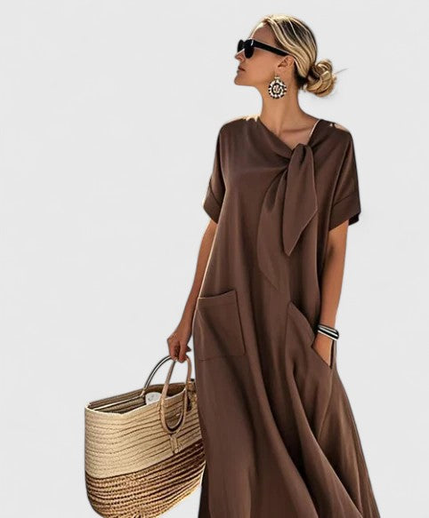 Tie Neck Short Sleeve Pocket Maxi Dress