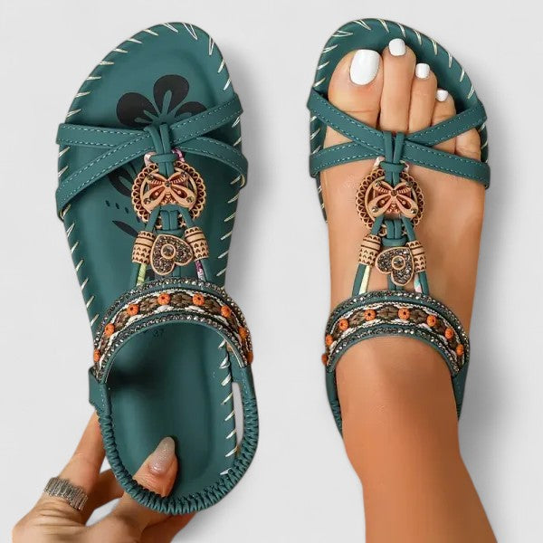 Beaded T-Strap Slingback Flat Sandals