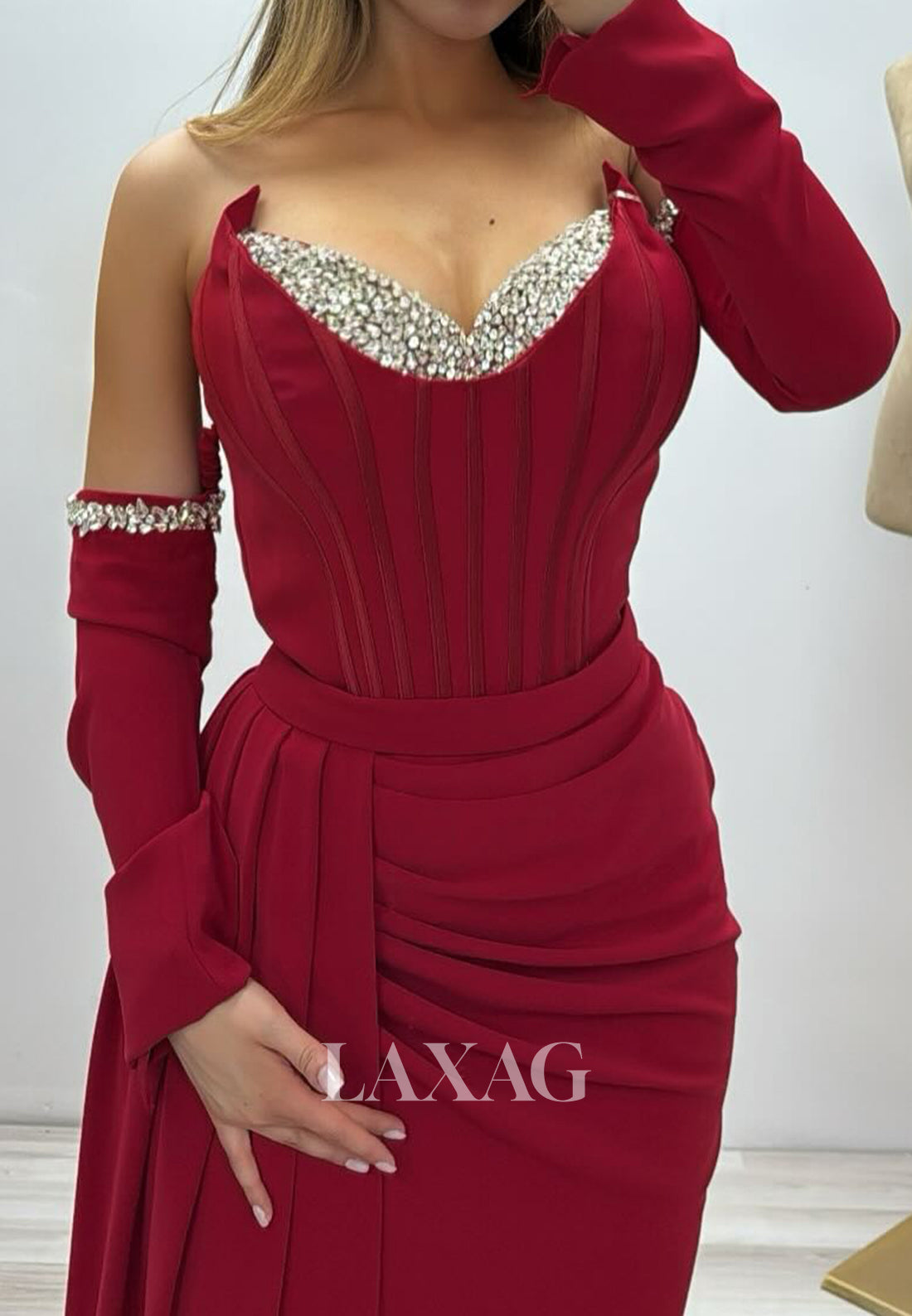 Beaded-Sweetheart Off-Shoulder Mermaid Evening Dress Long-Sleeveles Pleated Satin Formal Gowns