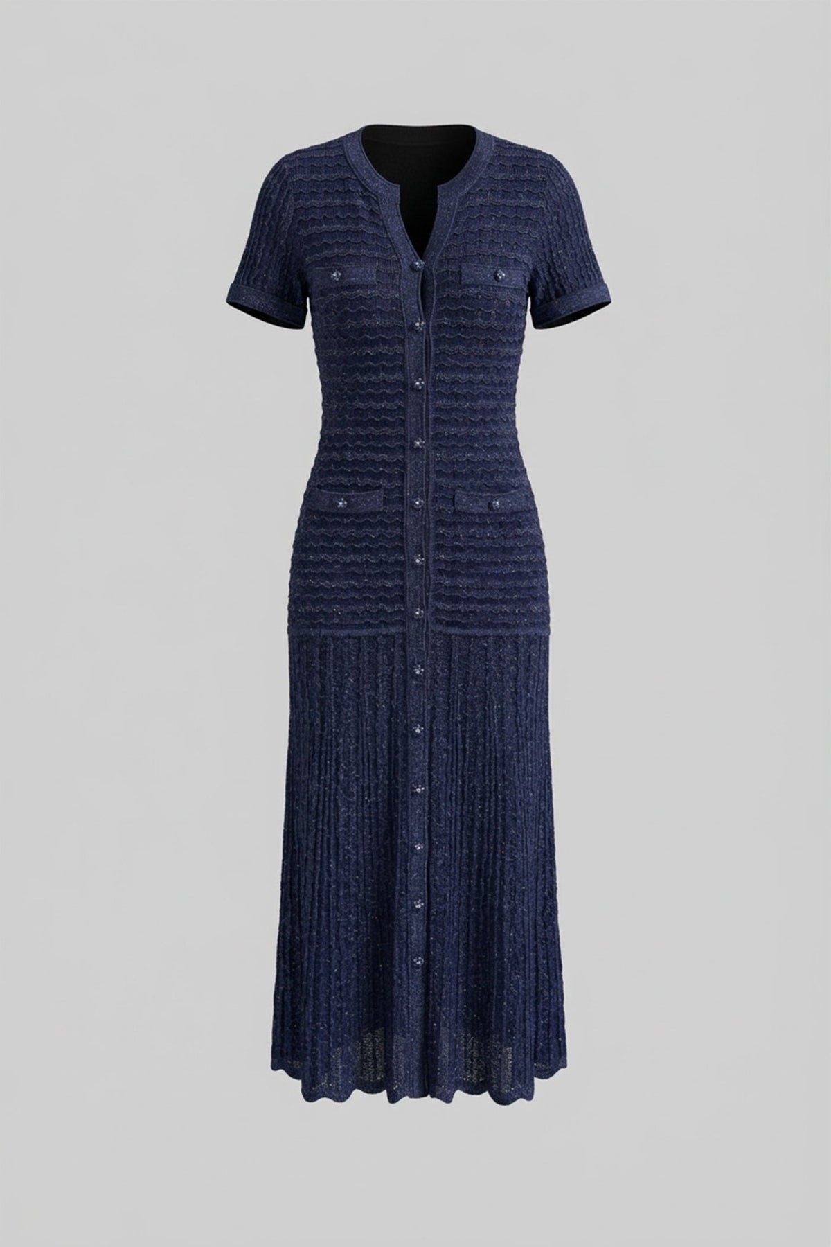 Shimmer Knit Short Sleeve Button Front Keyhole Neck Midi Dress 10