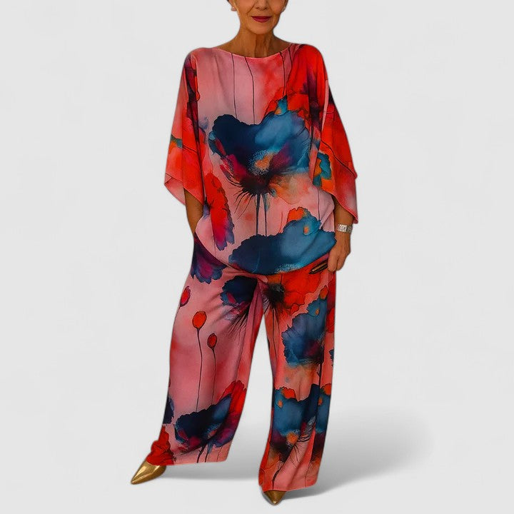 Floral Print Satin Batwing Sleeve Top and Wide Leg Pants Two Piece Set