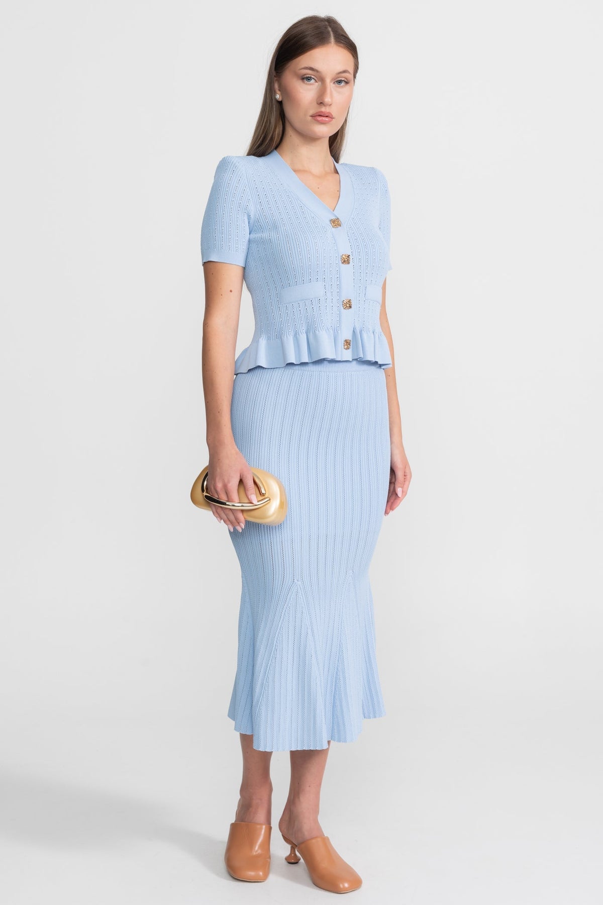 Pointelle Knit Button Front Peplum Top and Mermaid Midi Skirt Two Piece Set 3