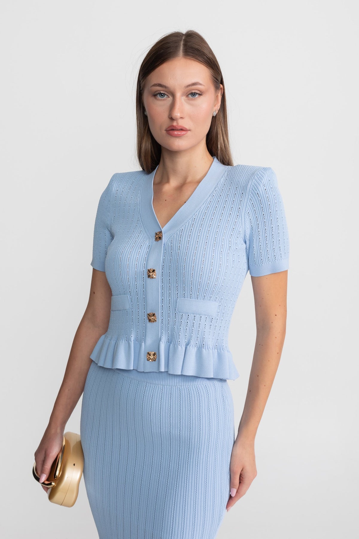Pointelle Knit Button Front Peplum Top and Mermaid Midi Skirt Two Piece Set 4