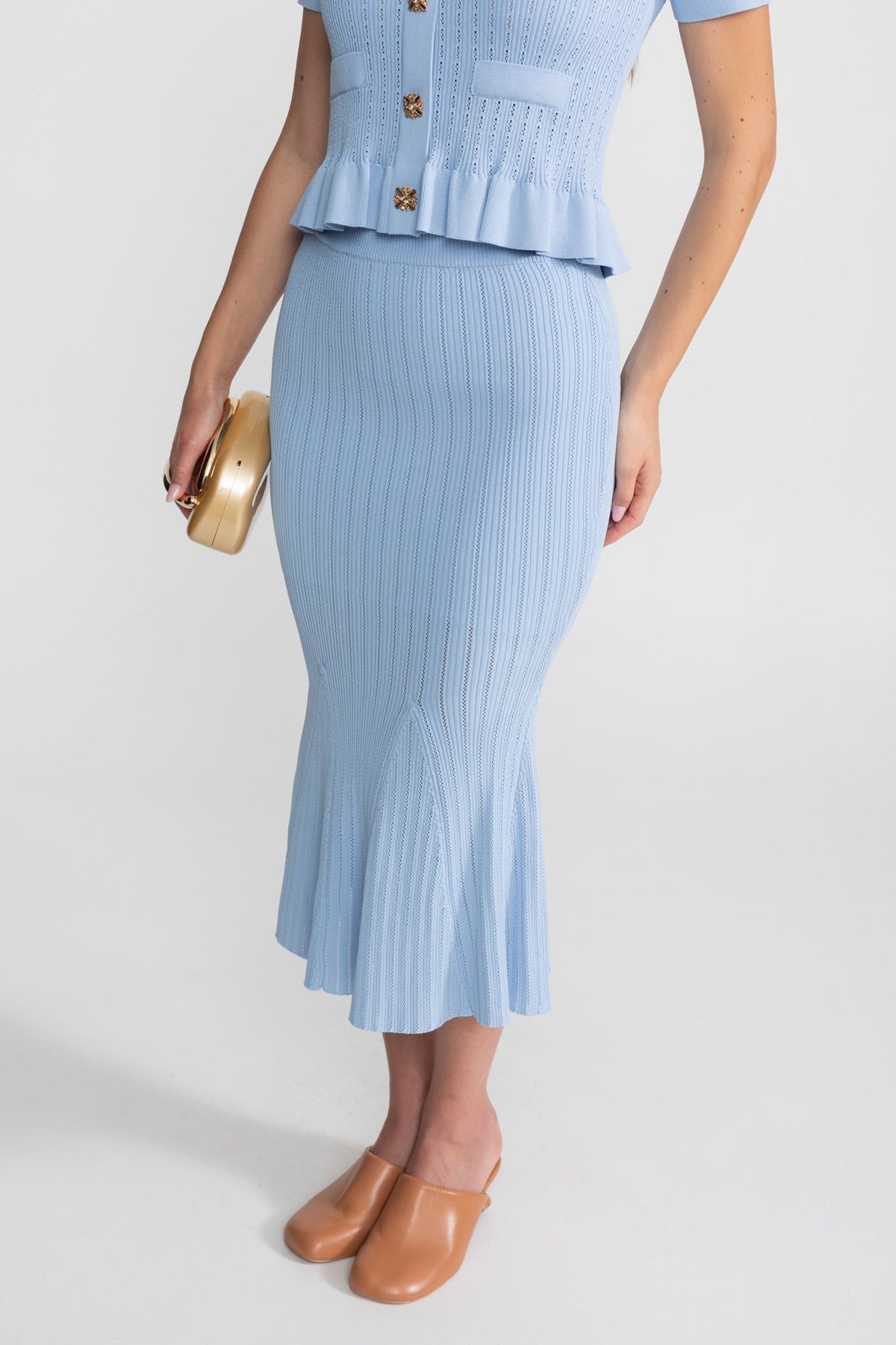 Pointelle Knit Button Front Peplum Top and Mermaid Midi Skirt Two Piece Set 6