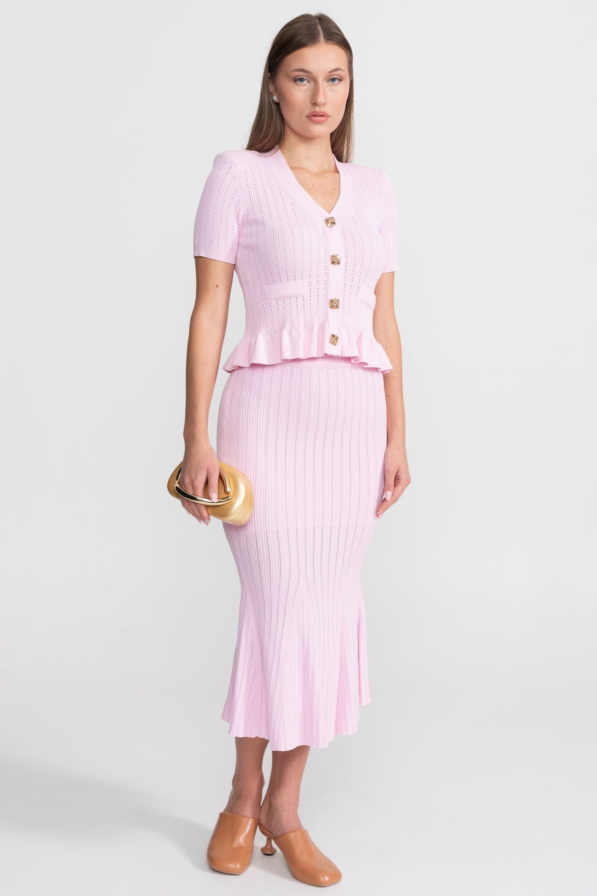 Pointelle Knit Button Front Peplum Top and Mermaid Midi Skirt Two Piece Set 2