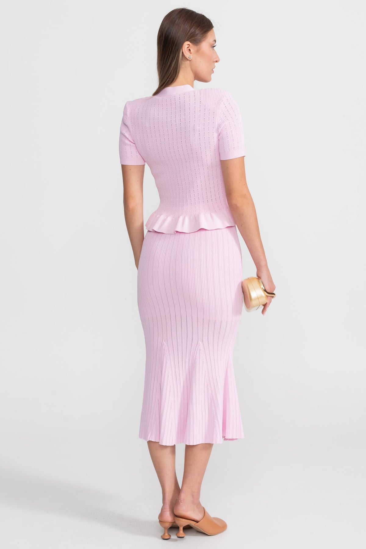 Pointelle Knit Button Front Peplum Top and Mermaid Midi Skirt Two Piece Set 4