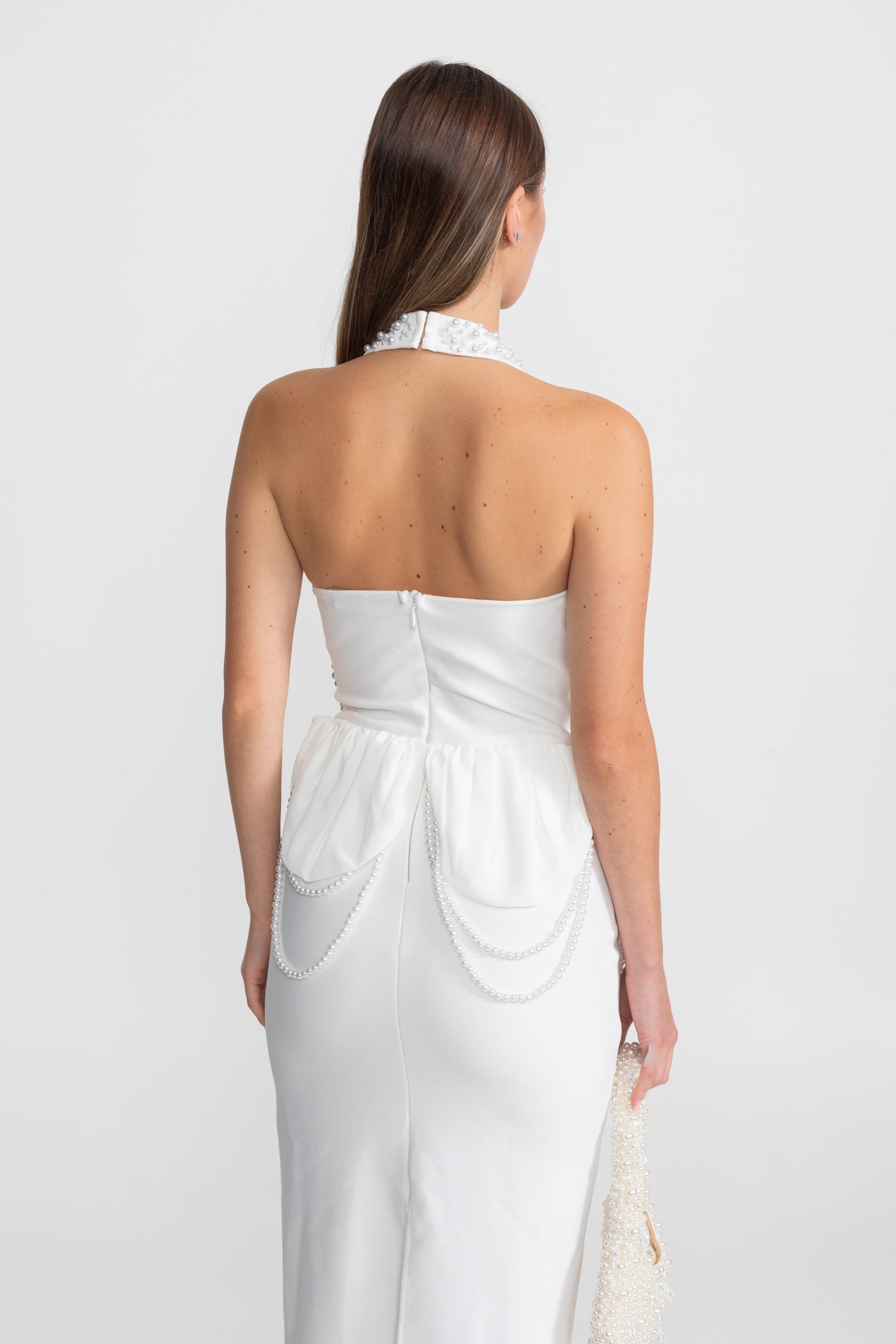 Embellished Halter Maxi Dress With Gathered Peplum Detail – White