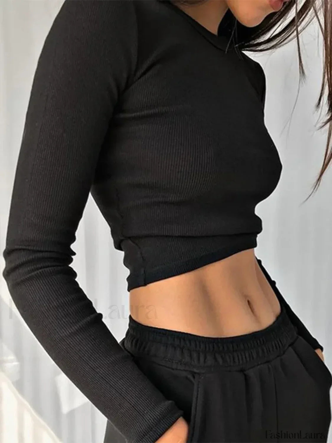 O Neck Long Sleeve Ribbed Cropped T-shirt