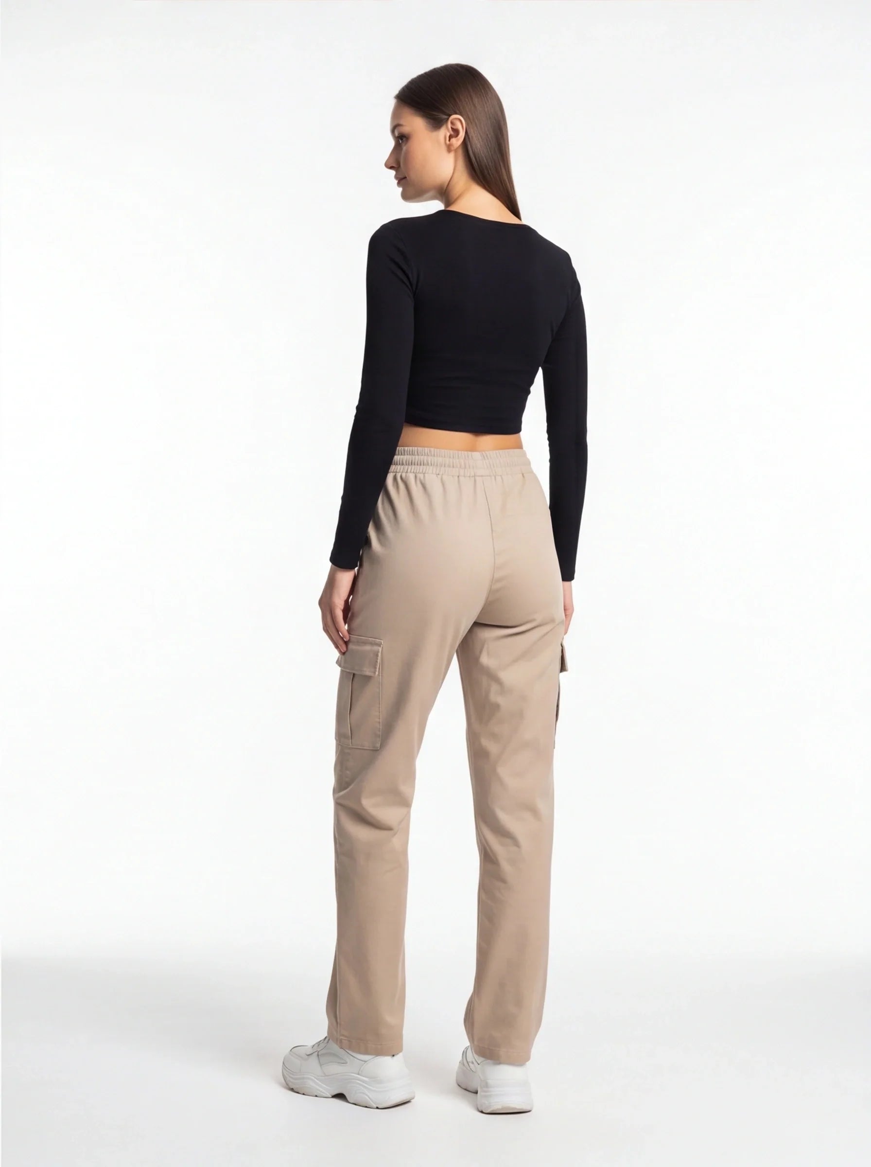 Jamota High Waist Black Cargo Trousers With Stretch Fabric And Pockets For All Day Comfort