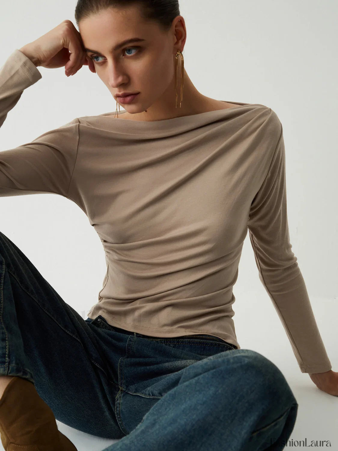 Oatmeal Ruched Graceful Long Sleeve Top