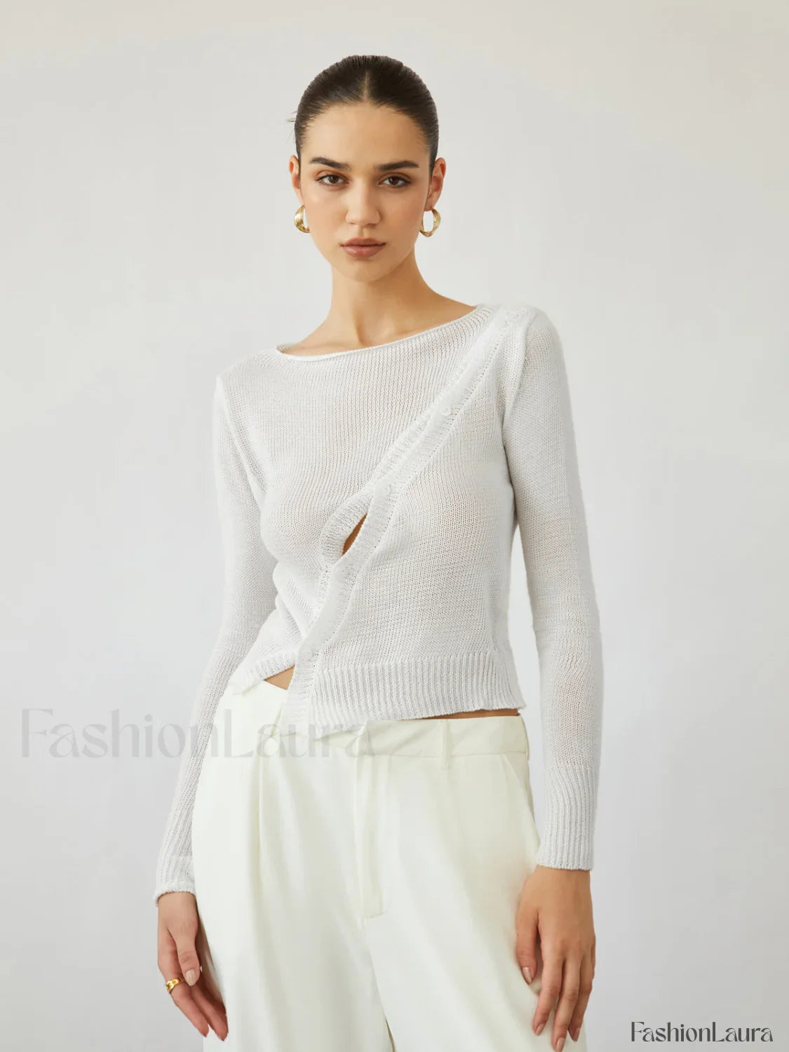 Oblique Buttoned Cover Trendy Up Knit Top