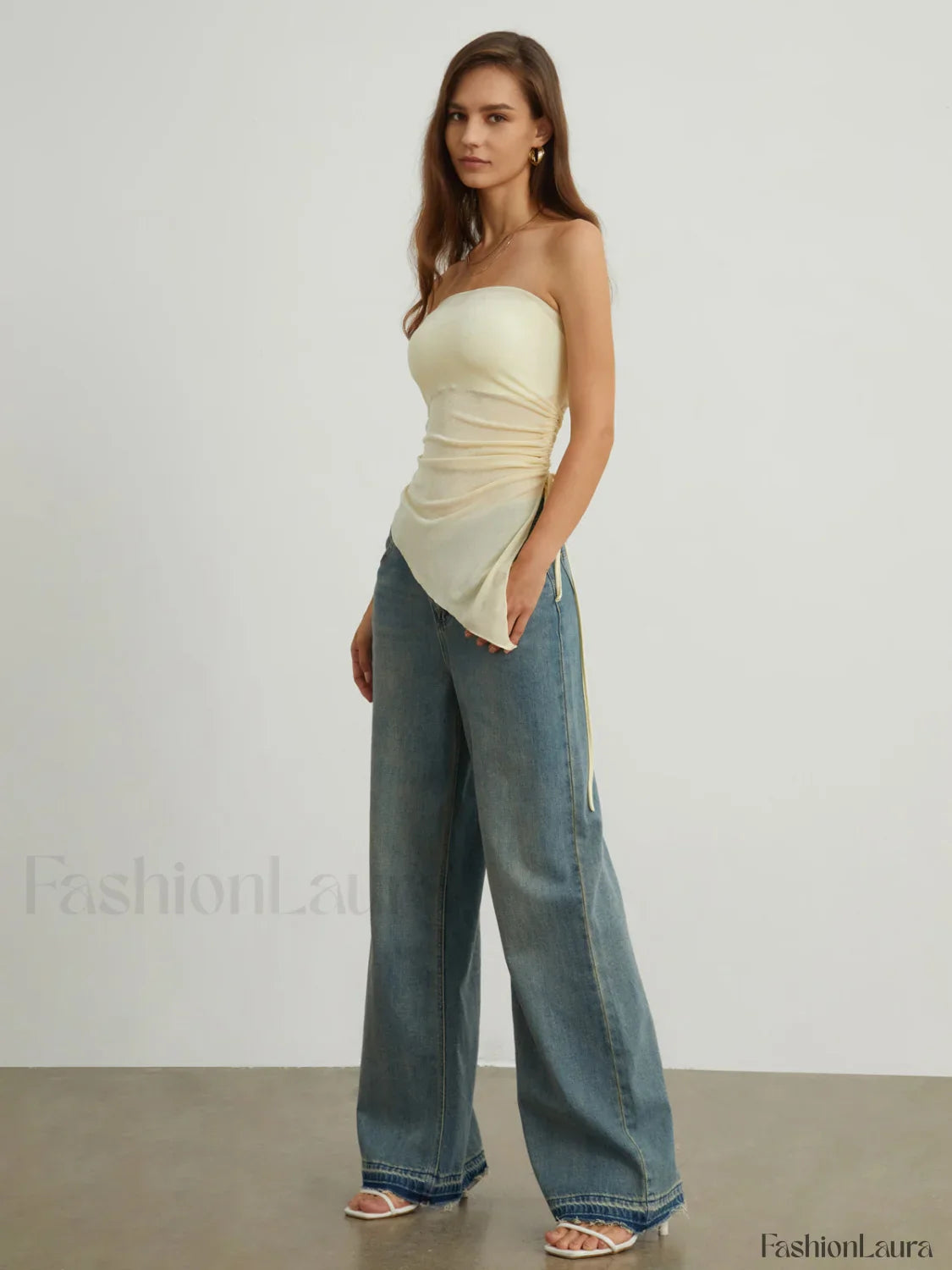 Oblique Drawstring Mesh Trendy Cover Up Tube Top