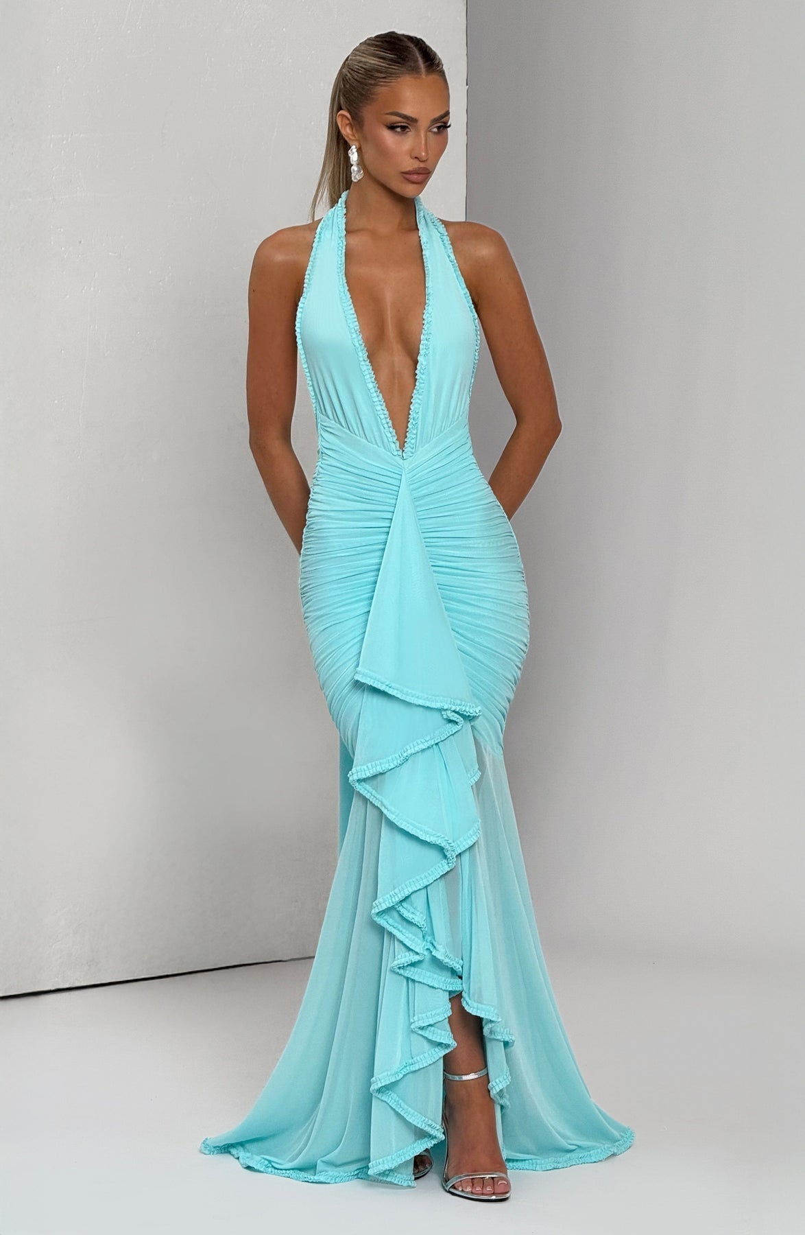 Mesh Halter Neck Deep V-Neck Ruched Ruffle Mermaid Maxi Gown 7