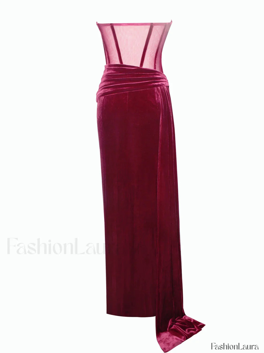 Octavia Burgundy Draping Crystal Graceful Corset High Slit Velvet Gown