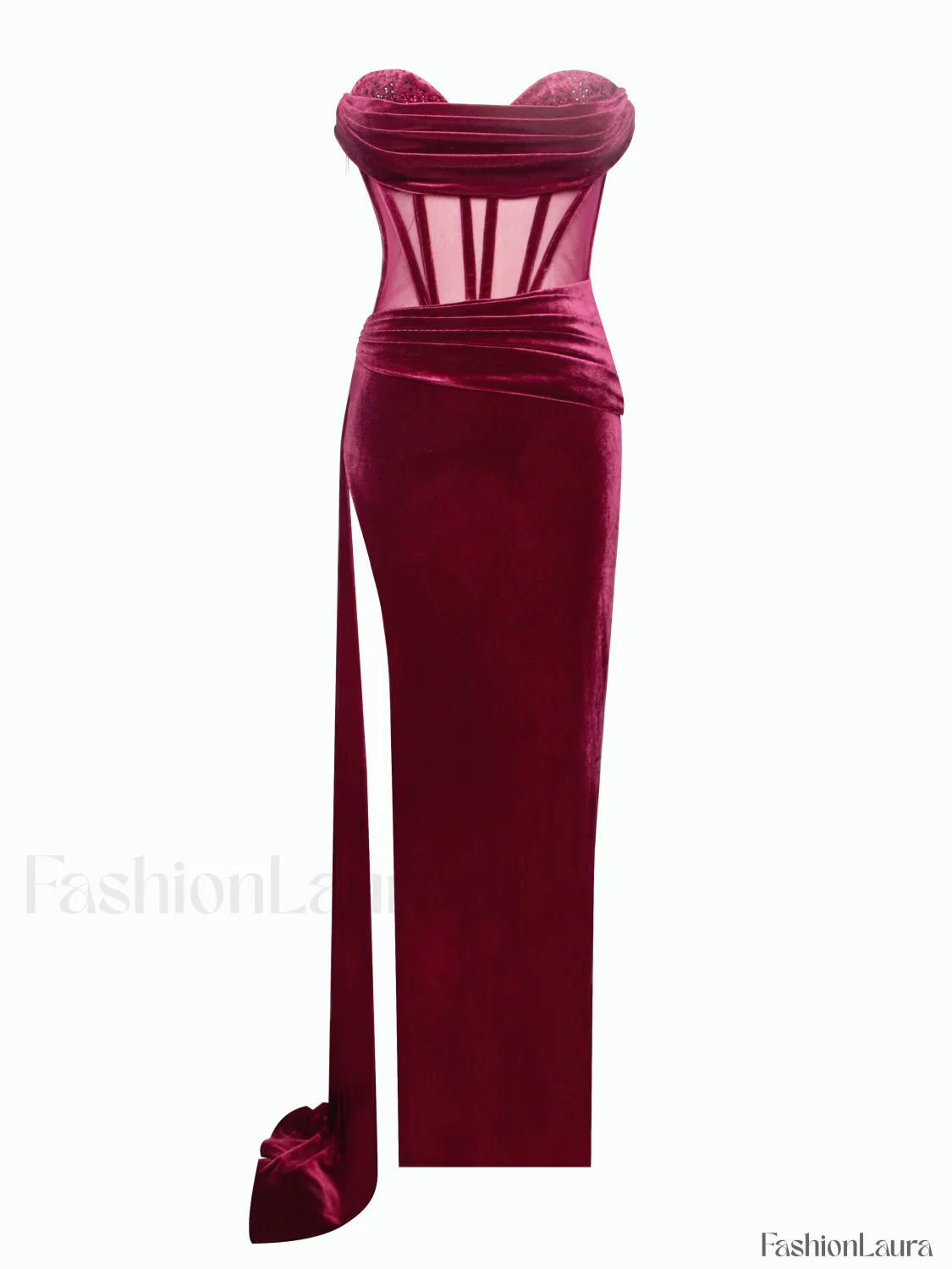 Octavia Burgundy Draping Crystal Graceful Corset High Slit Velvet Gown