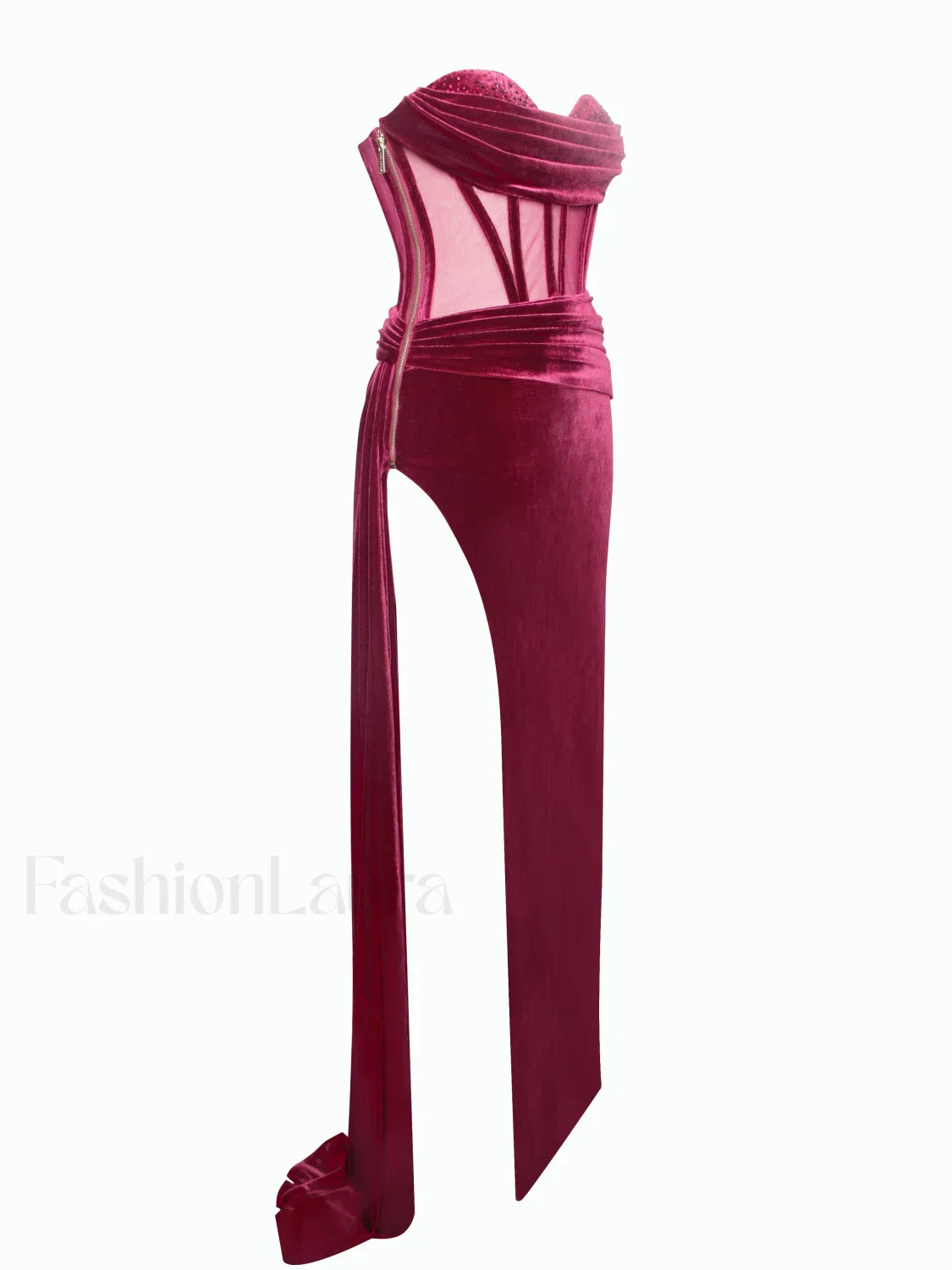 Octavia Burgundy Draping Crystal Graceful Corset High Slit Velvet Gown