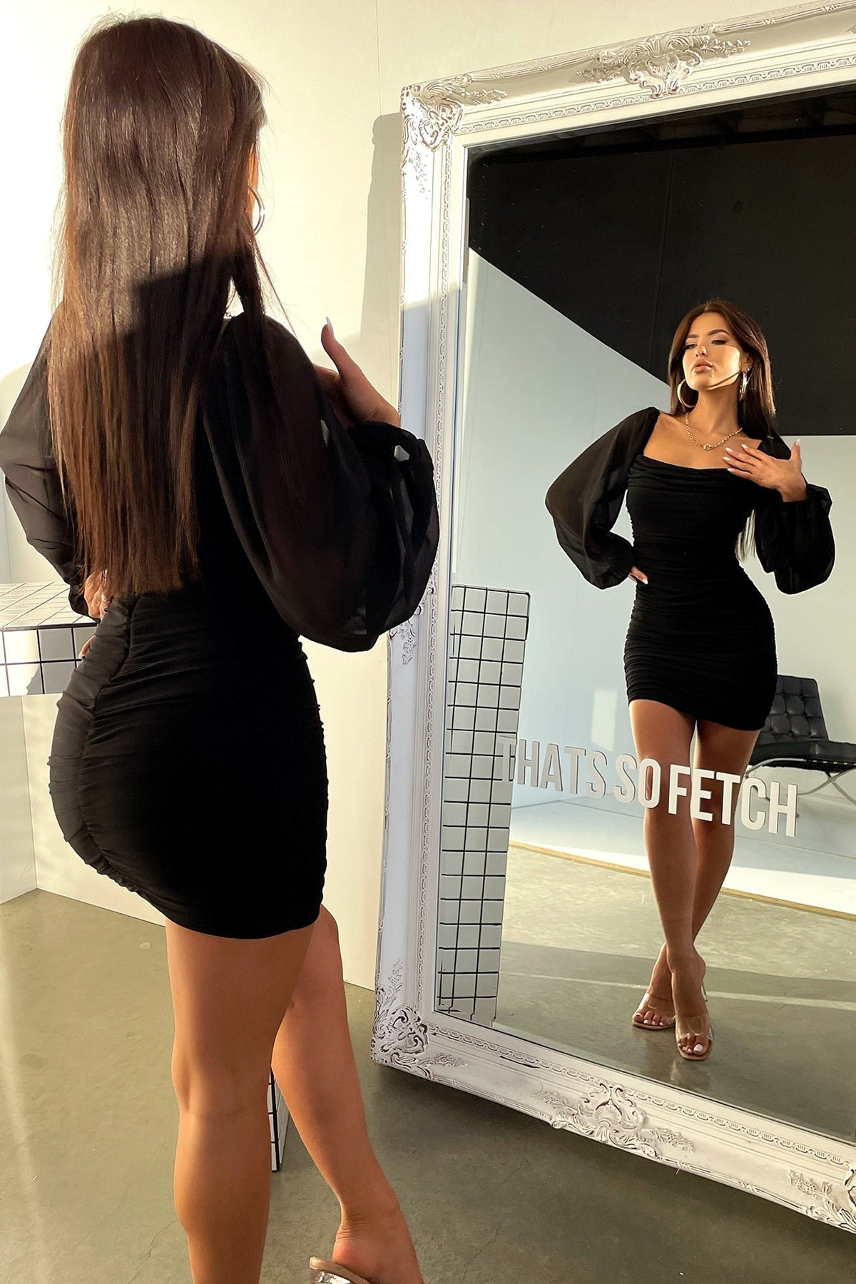 Sheer Balloon Sleeve Cowl Neck Ruched Bodycon Mini Dress 5