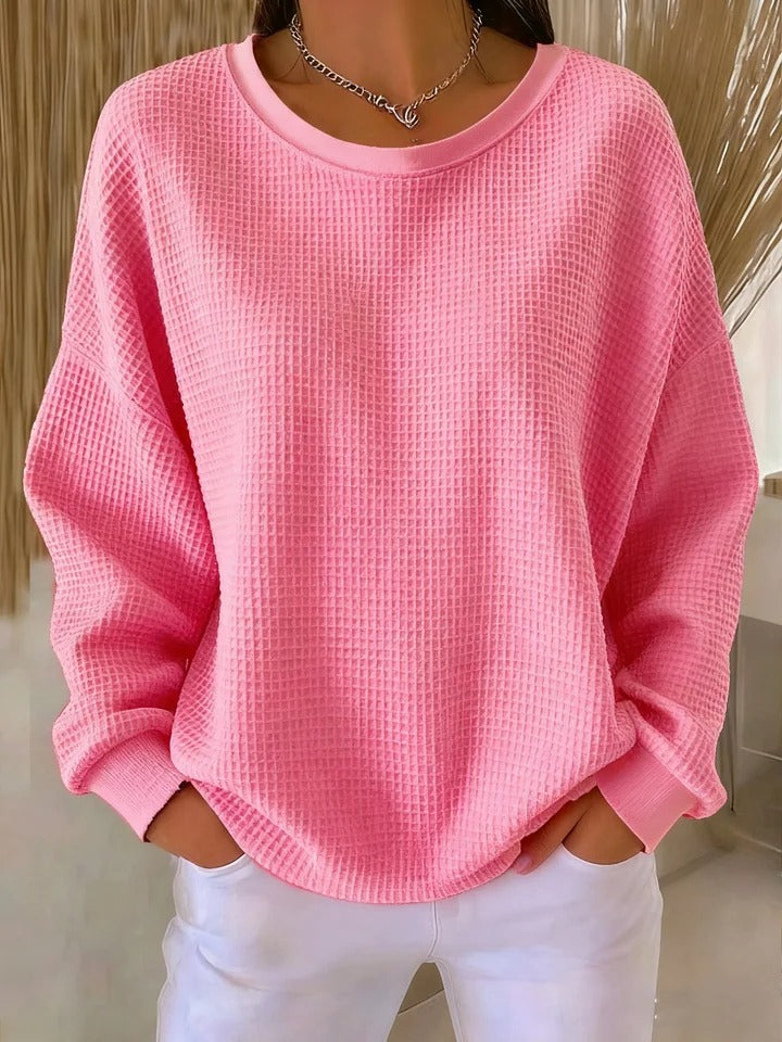 Crew Neck Long Sleeve Waffle Knit Sweater