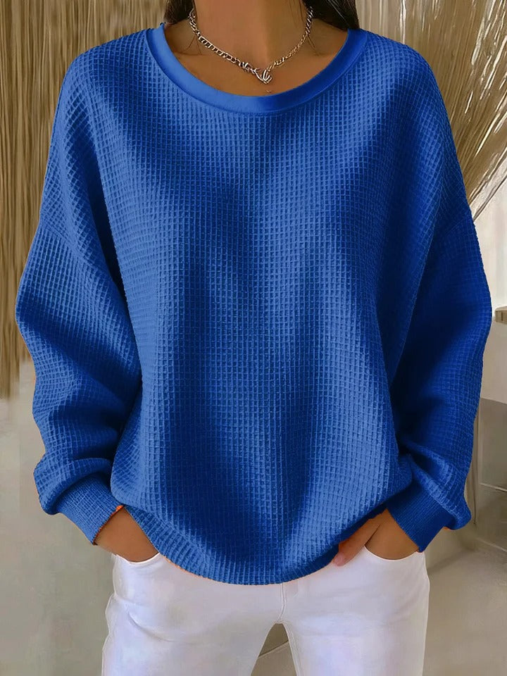 Crew Neck Long Sleeve Waffle Knit Sweater