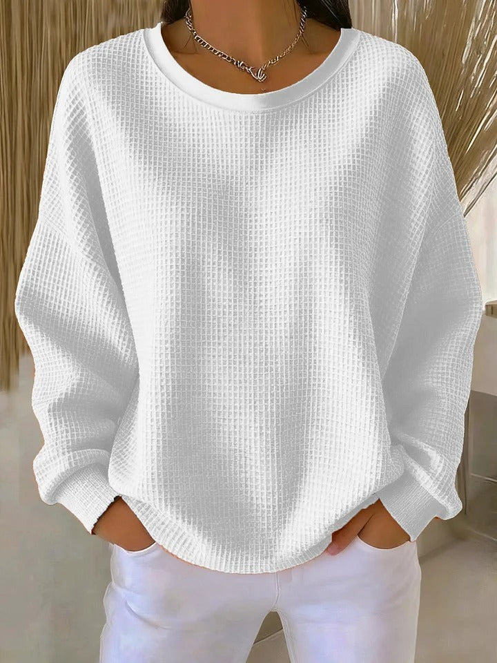 Crew Neck Long Sleeve Waffle Knit Sweater