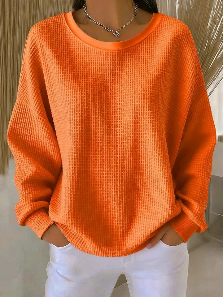 Crew Neck Long Sleeve Waffle Knit Sweater