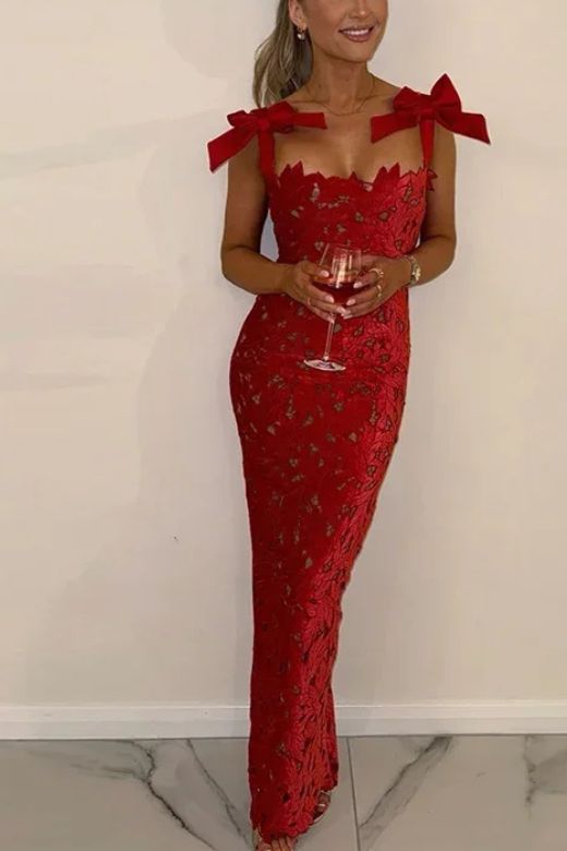 Odette Bodycon Lace Maxi Dress - Lipstick Red