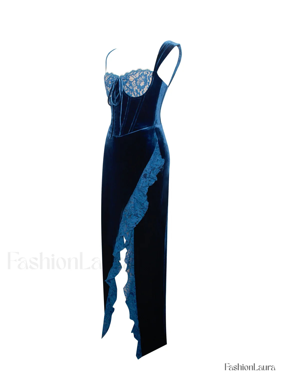 Odilia Teal Lace Charming Velvet Maxi Dress