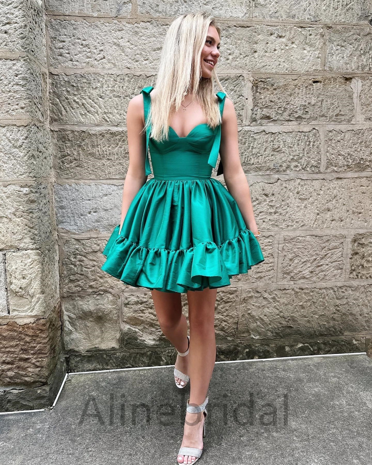 Satin Sweetheart Bow Tie Strap Ruffle Hem A-Line Mini Homecoming Dress 3