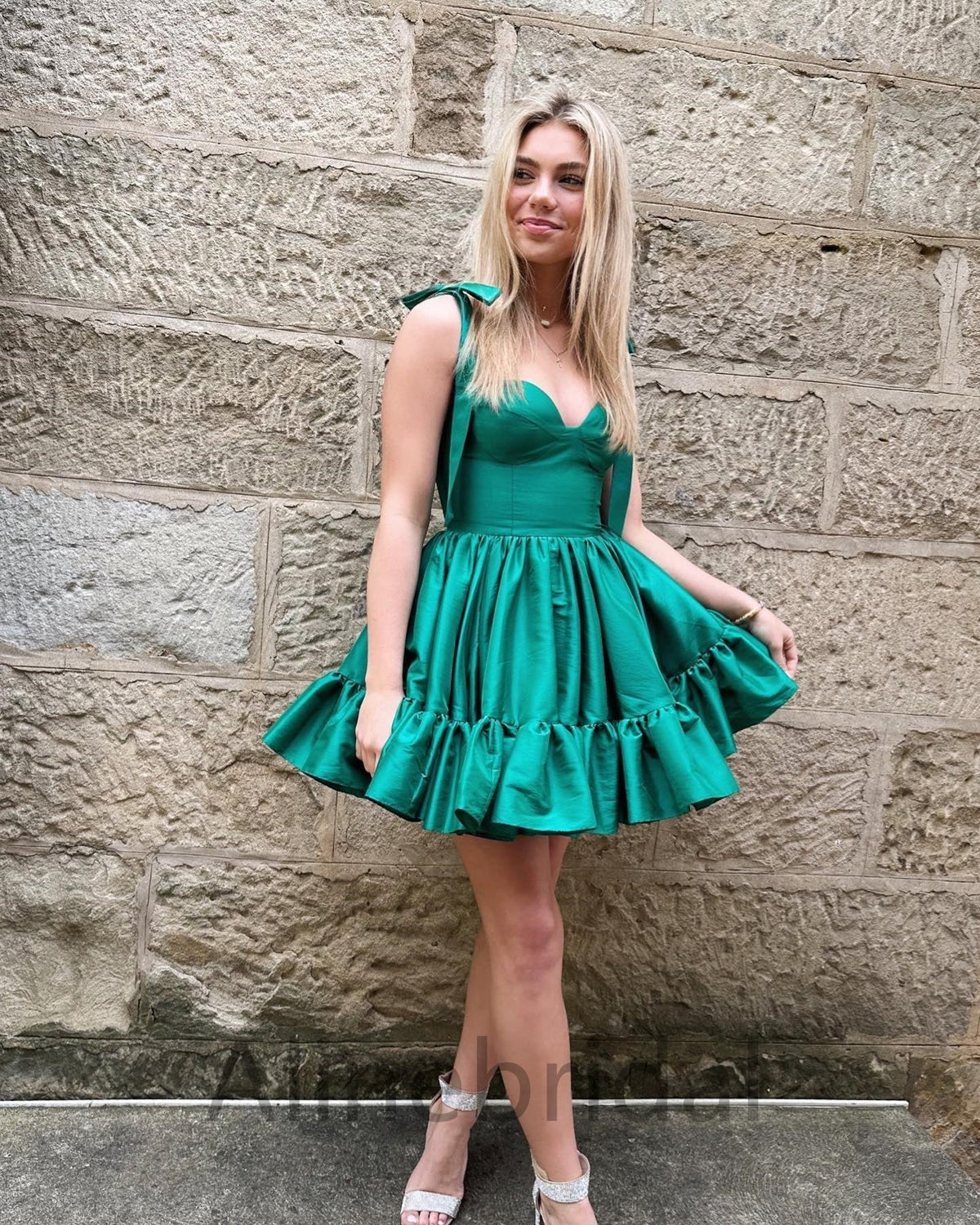 Satin Sweetheart Bow Tie Strap Ruffle Hem A-Line Mini Homecoming Dress 2